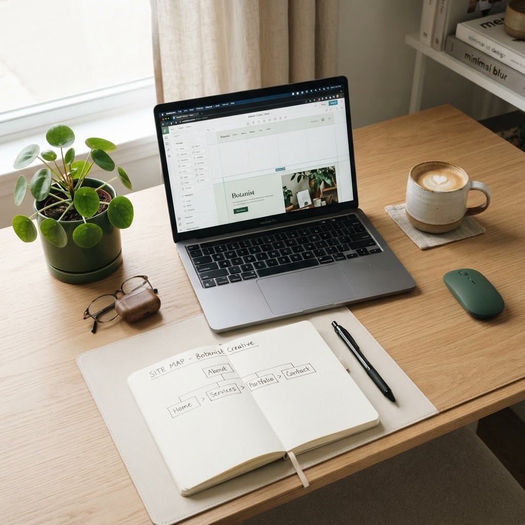Arbejdsplads med laptop der viser et hjemmesidebygger-program, notesbog med site-diagram og en kop kaffe