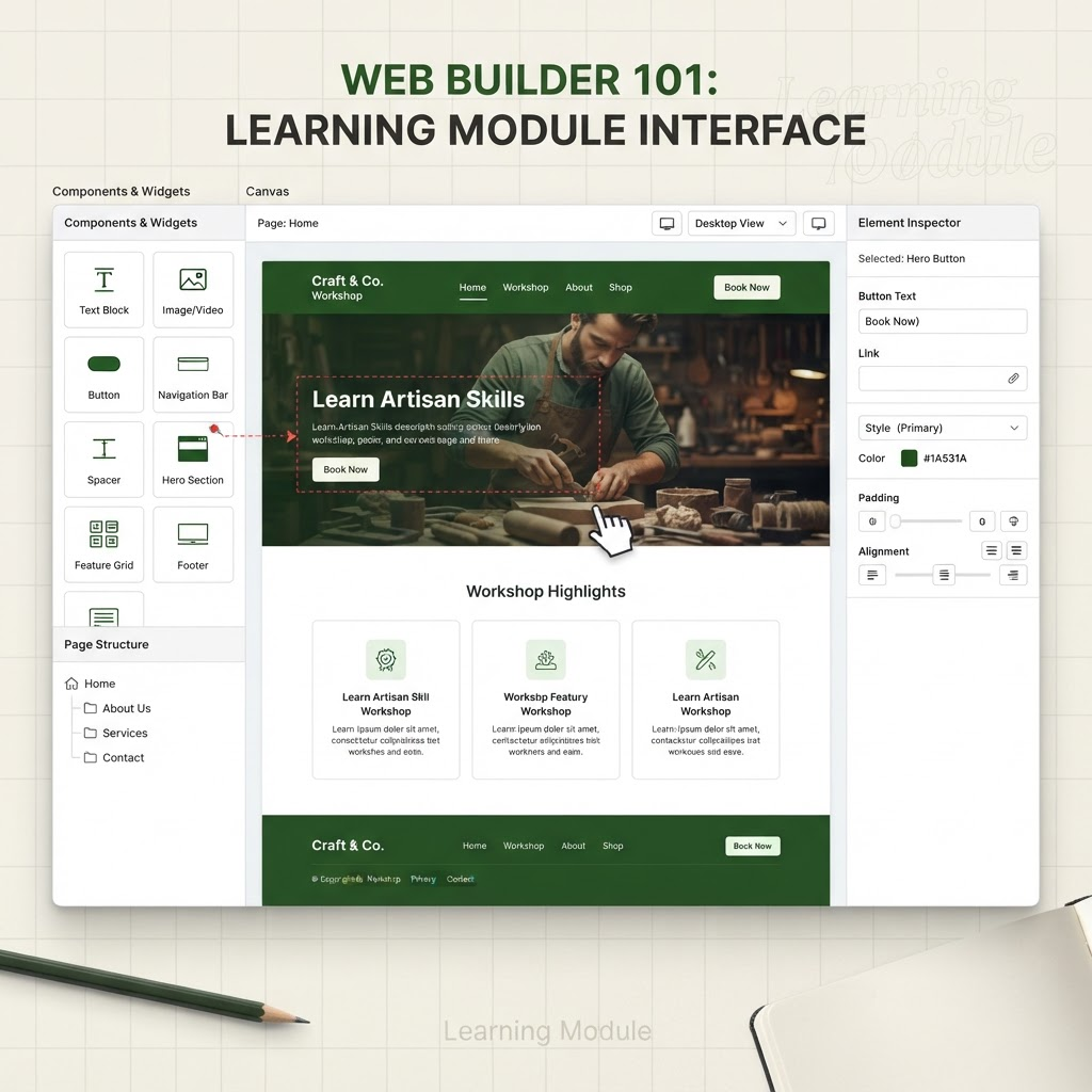 Illustrativt mockup af et no-code website builder interface brugt i øvelsesopgaverne